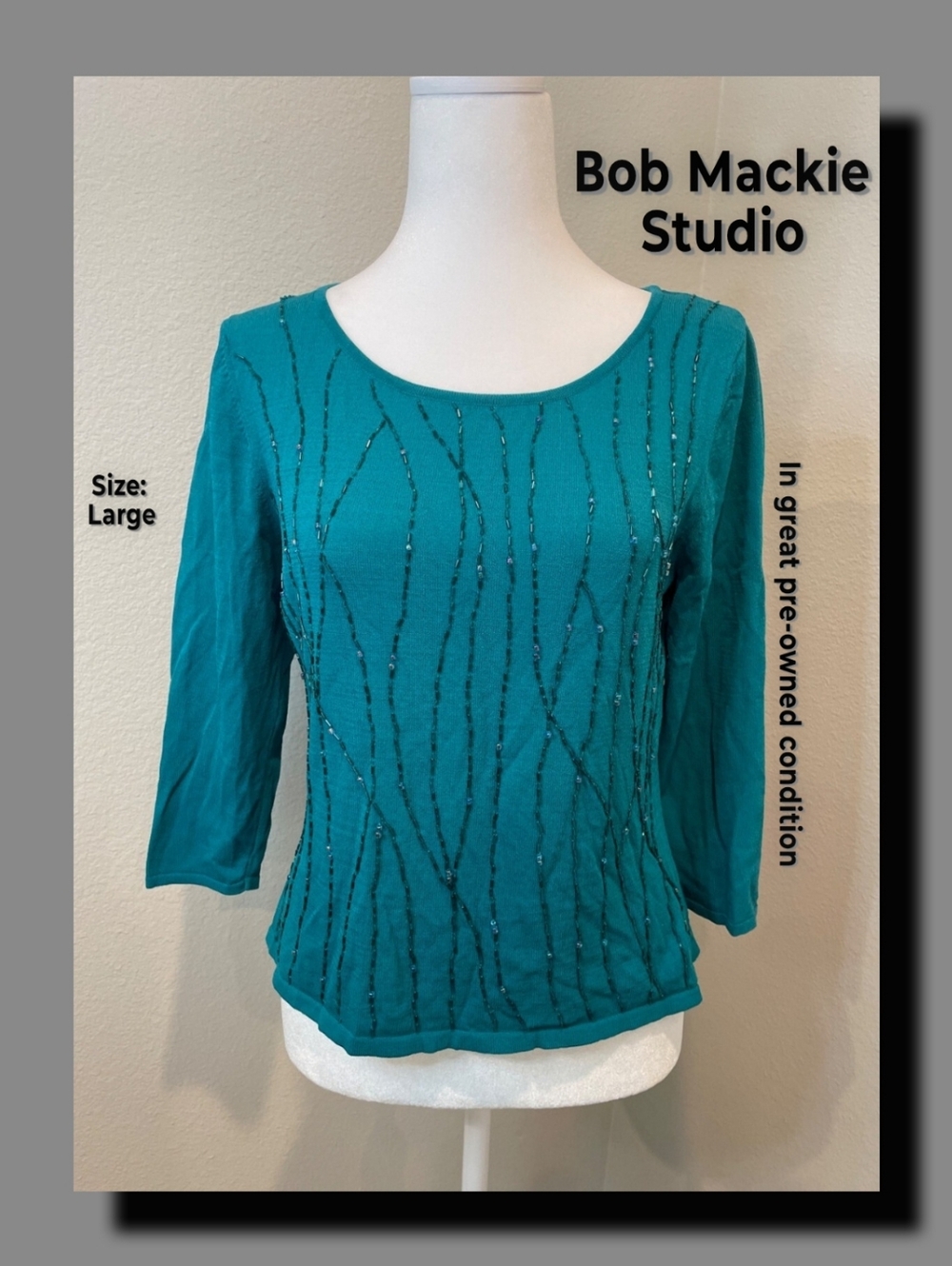 Vintage pre-owned Bob Mackie studio teal 3/4 sleeve blouse with bead details